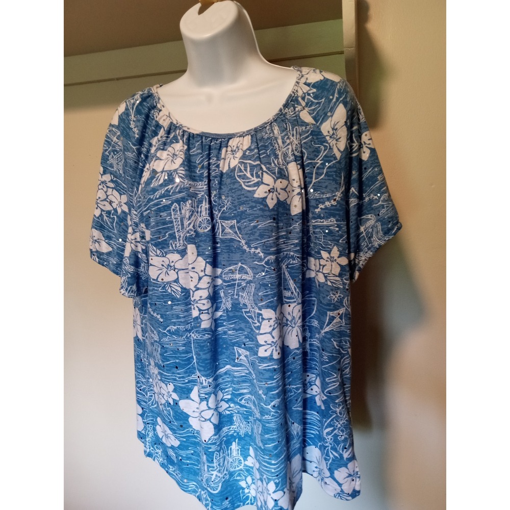 Cathy Daniels Women XL Blue Tropical Hibiscus Beach Print Sequin Top